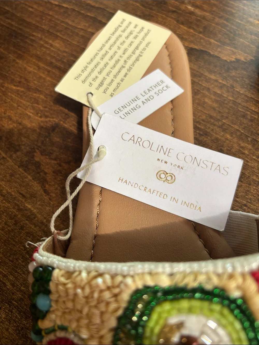 Caroline Constas Tan Slide Sandals with Multicolor Beaded Fruit Motif